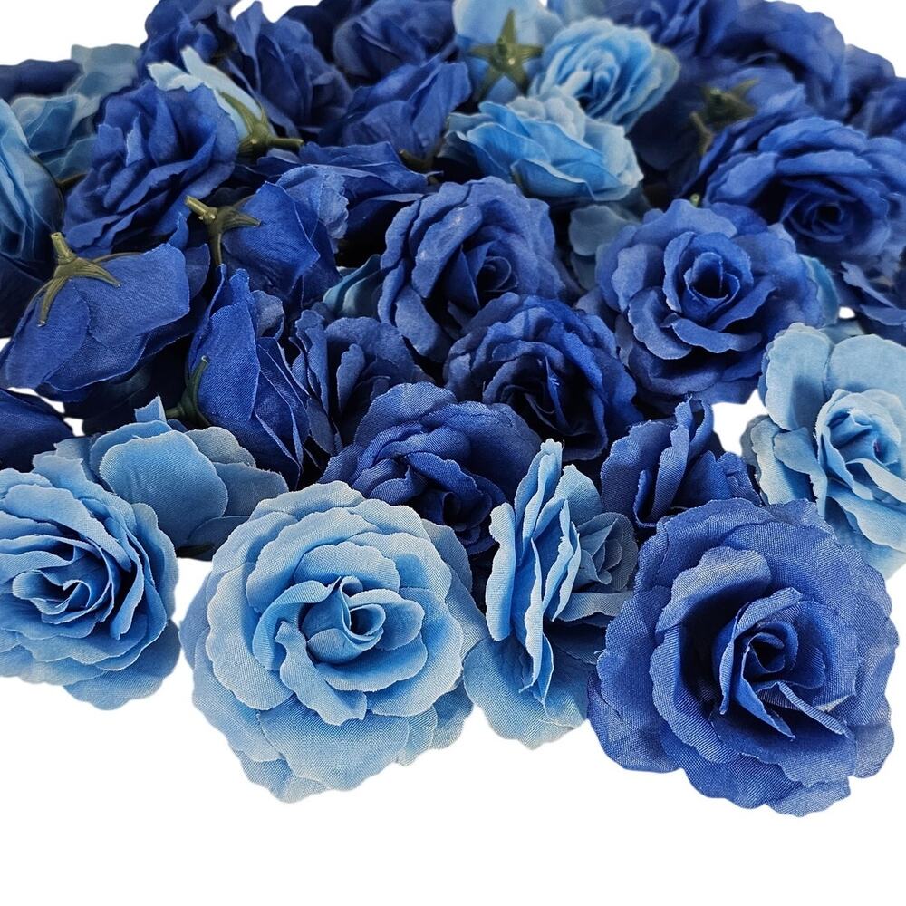 75 Royal & Light Blue Artificial Silk Rose Heads 3in Wedding Craft Flower Wreath